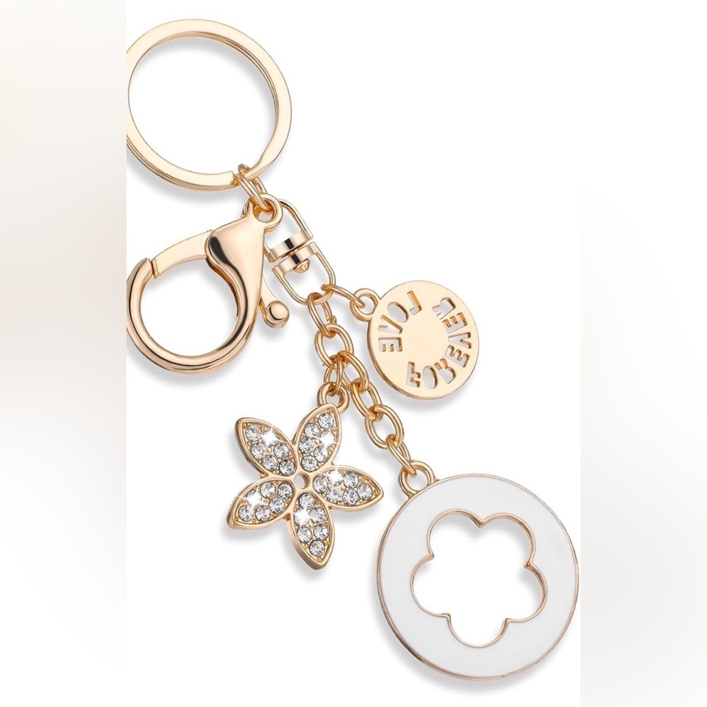 Gold-Tone Flower & Clover Bag Charm / Keychain – Rhinestone Accents - Picture 2 of 10